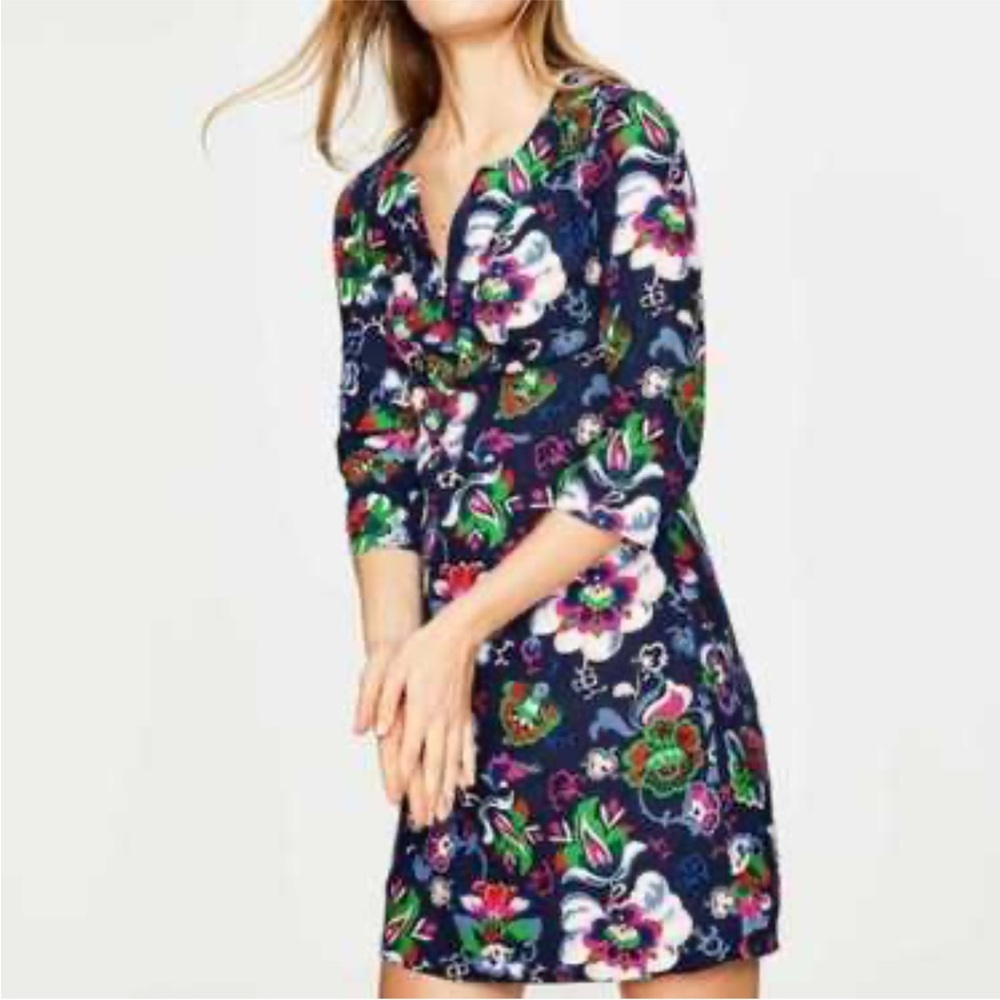 Boden navy blue floral linen shift dress size 14 long